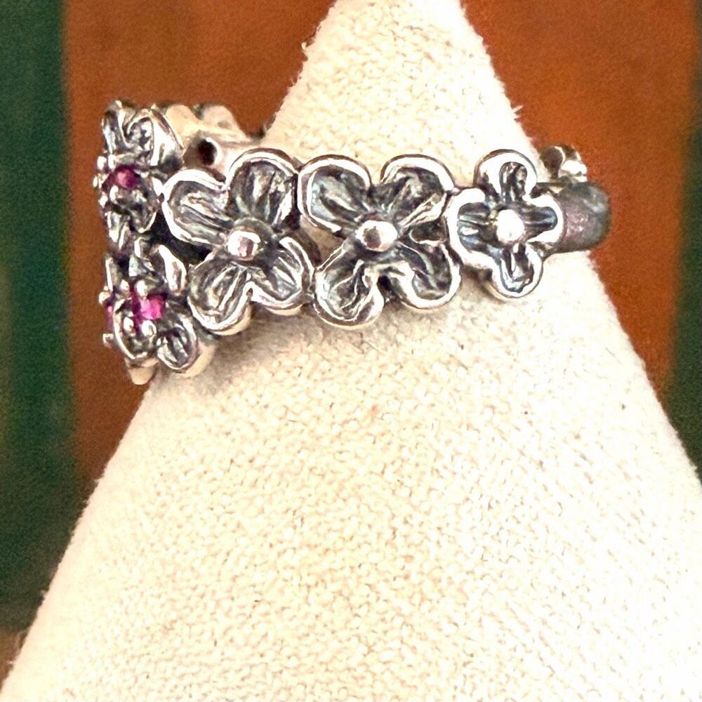 Or Paz PZ Israel Sterling Silver Ruby Flower Band Ring - Picture 3 of 7